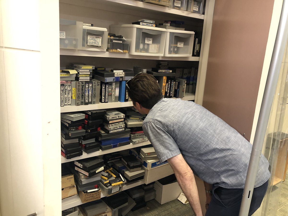 DevonWDSU's tweet image. Our crack sports department’s @FletcherWDSU showing me the efficiency of their old school video vault 😂 #Beta #DVCPro
