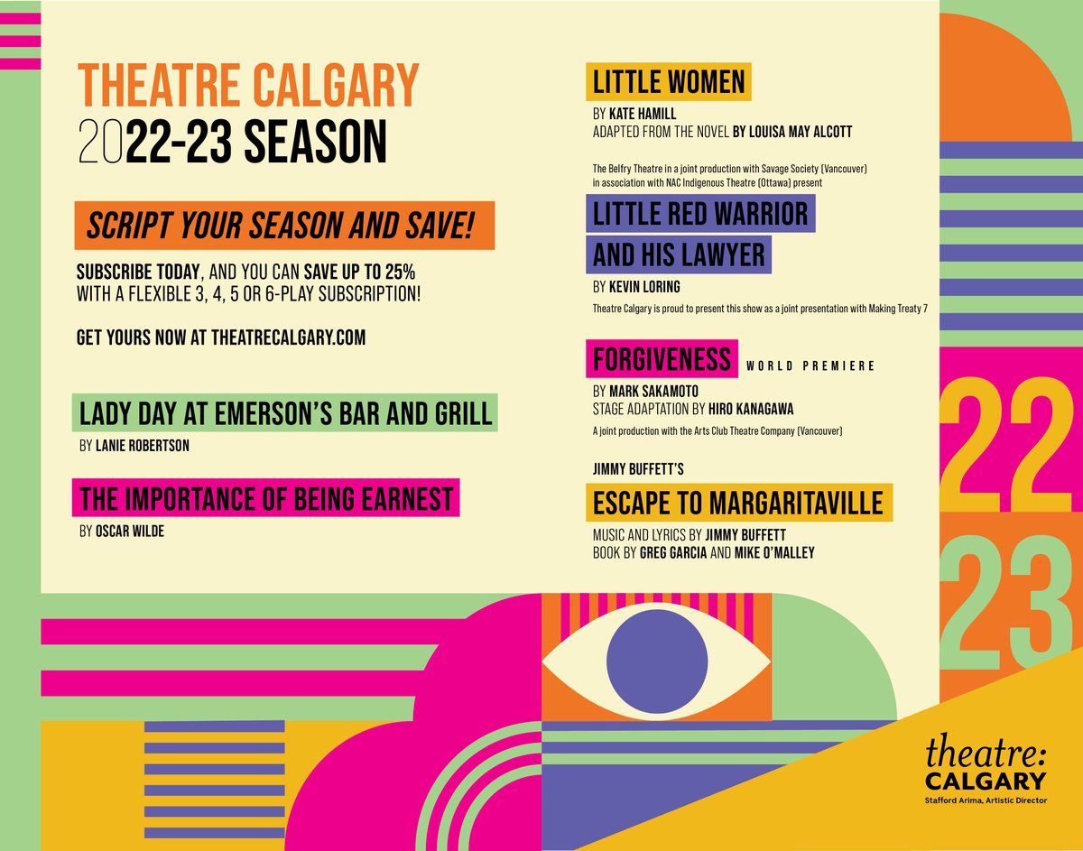 TheatreCalgary's tweet photo. Get up to 6 great evenings AND SAVE money at the same time! This year, script your own 3, 4, 5 or 6 play season package, and save up to 25% off regular ticket prices!
Learn more about becoming a subscriber today: https://t.co/L3QX0IdmzH. #yyc #yycarts #supportyycarts #yycsavings https://t.co/iyKRVpFZW0