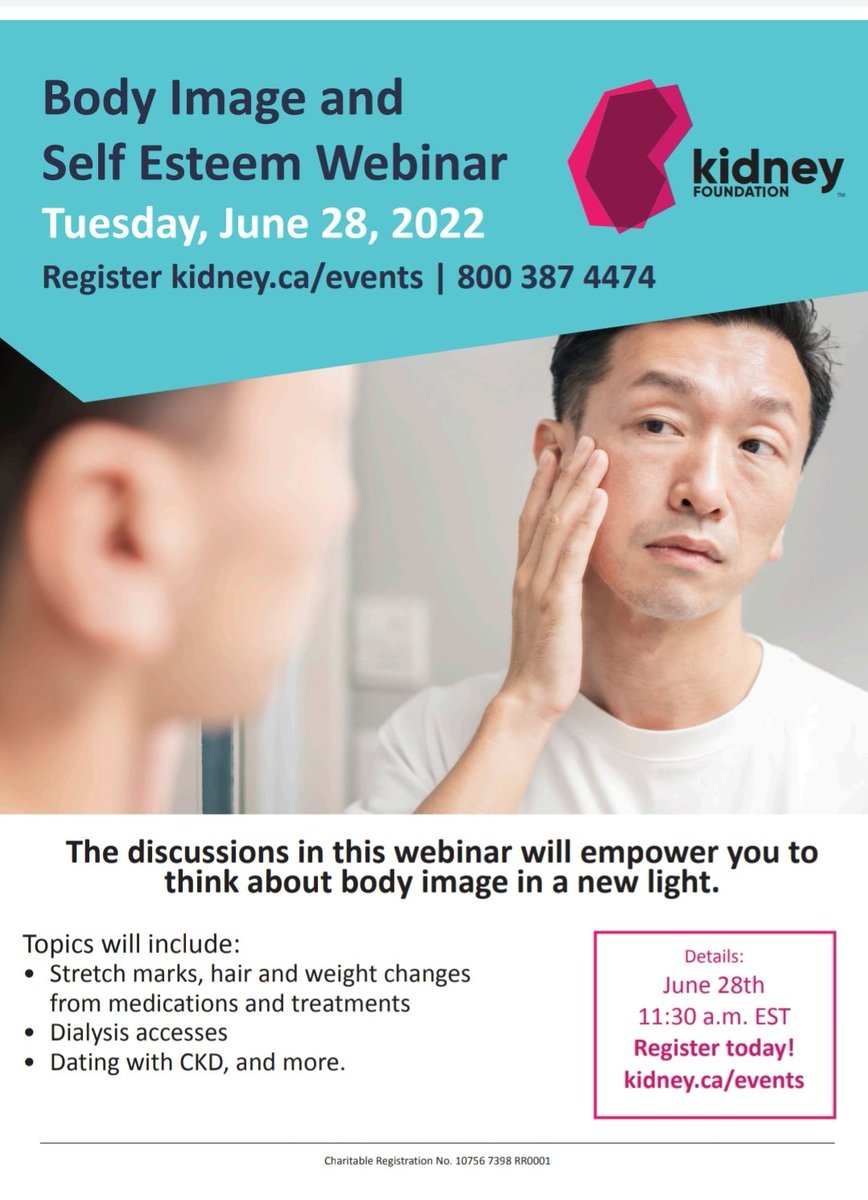 Sadz84's tweet photo. Join @kidneyontario next week on Tuesday June 28th at 11:30am EST for an empowering discussion on Body Image and Self-Esteem. Joining us are five patient partners sharing their thoughts, personal experiences with hair loss, stretch mark's &amp; dating while being a CKD pt. &amp; more. https://t.co/buKxucsfKs