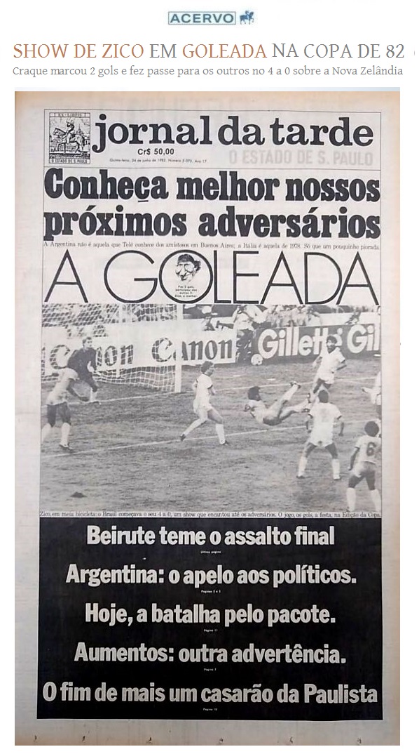 EstadaoAcervo's tweet photo. Seleção goleia com show de Zico na Copa de 82 
https://t.co/H2DHrg6xE0
#JornaldaTarde #JT #JornaldaTarde_JT #Copade82 #Zico https://t.co/bKovoANWi2