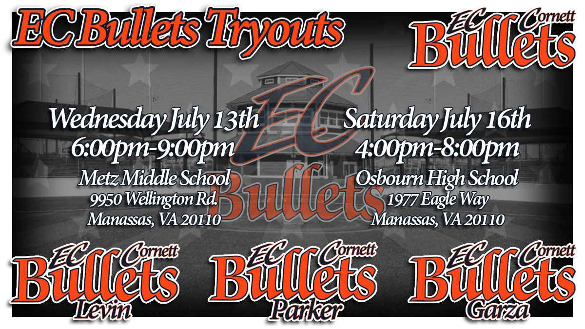 Tryout dates, times and locations set. Registration open: forms.gle/S4Wno4fA1kAwRn… 10u - Rich Levin: ECBulletsLevin@gmail.com 13u - Jeff Parker: ECBulletsParker@gmail.com 14u - Eric Garza: ECBulletsGarza@gmail.com For all other info: Steven Cornett: ECBulletsCornett@gmail.com