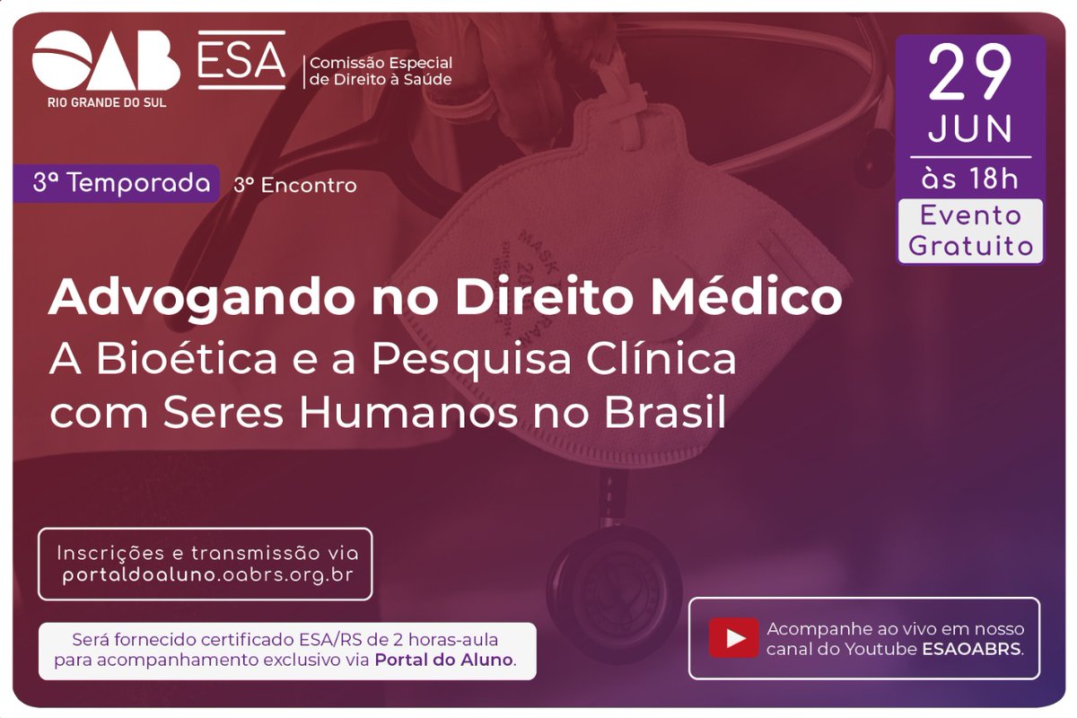 A ESA/RS e a CEDS realizam o terceiro encontro da 3ª temporada do projeto “Advogando no Direito Médico”. Nesta edição, o tema abordado será "A bioética e a pesquisa Clínica com Seres Humanos no Brasil". Participe: bit.ly/3QMKDtf
