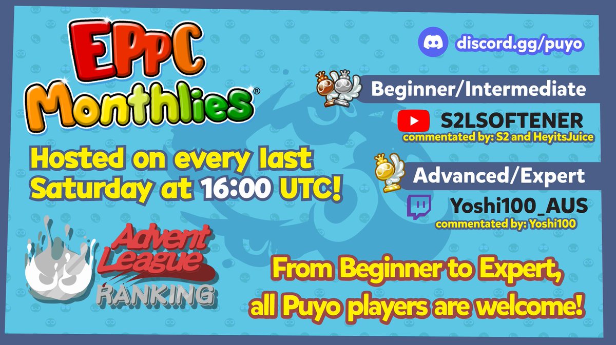 Here comes the June EPPC Monthly, coming up next Saturday (2nd July@1600UTC)! It features as an Advent League Ranking Event!!

Ruleset: Tsu ft10s, Swiss
Platform: Puyo Puyo Tetris 2 Switch
Prizes: 6x $20 gift cards (3x per pool)

Signups + further details: challonge.com/events/eppc_mo…