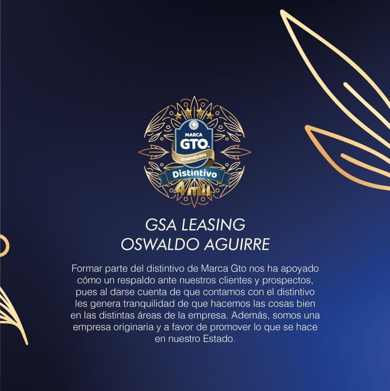 GSA_Leasing's tweet photo. En GSA Leasing estamos orgullosos de decir: #YoSoyMarcaGTO
@marcagto #GSALeasing #Leasing #ArrendamientoPuro #Arrendamiento #Guanajuato #ConsumeLocal #MarcasGuanajuatenses #MarcaGTO https://t.co/oz02HUzzeP