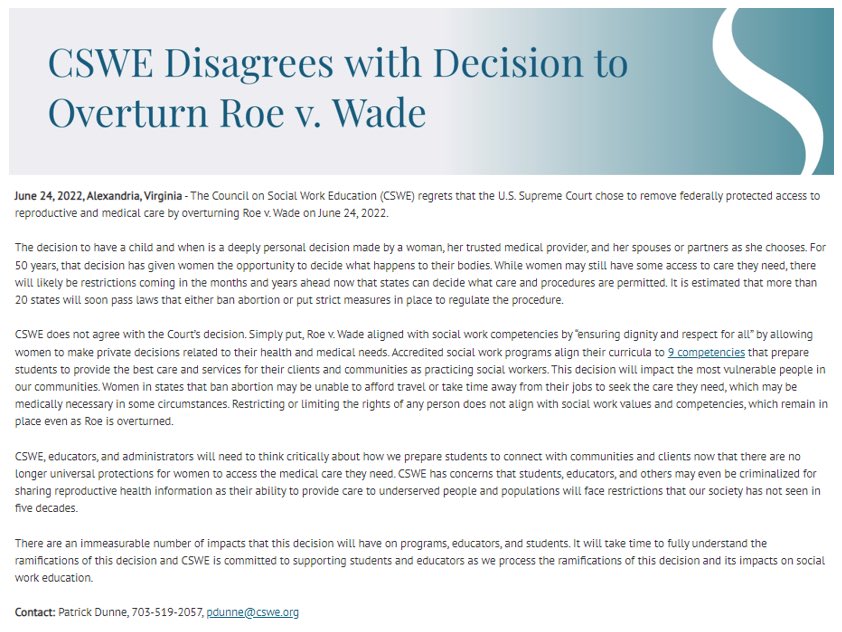 A message from our national association representing social work education in the United States and its territories regarding Roe v Wade: