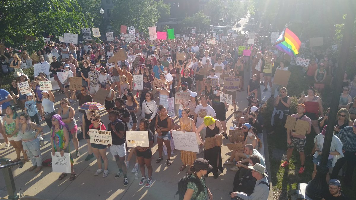 DWhiteBergey's tweet image. Protestors at the WI Capitol. Largest crowd I've seen in a long time.