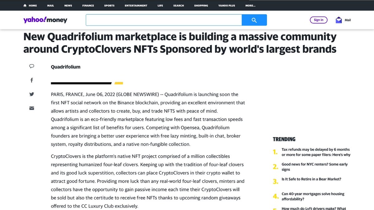 quadrifoliumio's tweet photo. We are all over the news 🤩🔥

⭐️Yahoo Finance, Yahoo Money &amp; Yahoo News
⭐️Marketwatch
⭐️Bezinga 

We just crushed 50k followers, special announcement soon❤️

1️⃣Follow
2️⃣Like &amp; Retweet❤️
3️⃣Introduce your friends to become an OG.

5WL spots to lucky winners🎉

#NFTCommunity  #NFT https://t.co/NbVIRfMRg5