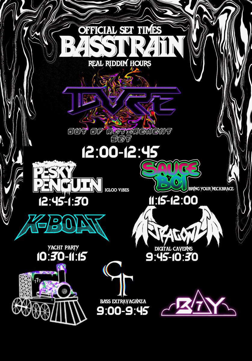 BAY7EVENTS's tweet photo. BASS TRAIN
OFFICIAL SET TIMES
DOORS AT 9PM
FIRST COME FIRST SERVE 
COME EARLY

SUPPORT FROM
@DjPeskyPenguin 
@SauceBoi96 
@kboatdubz 
@JragonzX
@CasuaIT https://t.co/G5qQH1ZCOX