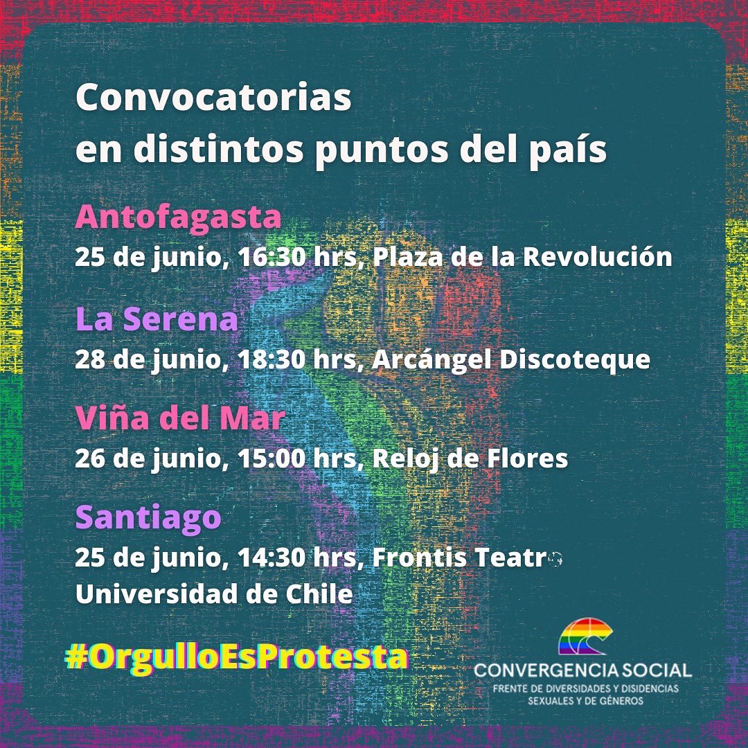 DisidenciasCS's tweet photo. Les compartimos algunas de las convocatorias realizadas para conmemorar el Orgullo en algunas ciudades del país #OrgulloEsProtesta https://t.co/LWpJnVvvfu