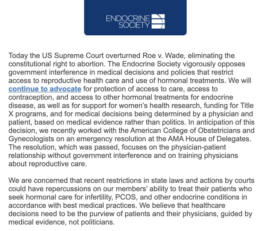 Joy Wu, MD, PhD (@joyywu) on Twitter photo Statement from <a href="/TheEndoSociety/">Endocrine Society</a> in response to the US Supreme Court overturning Roe v. Wade: "The Endocrine Society vigorously opposes government interference in medical decisions and policies that restrict access to reproductive health care and use of hormonal treatments." Statement from <a href="/TheEndoSociety/">Endocrine Society</a> in response to the US Supreme Court overturning Roe v. Wade: "The Endocrine Society vigorously opposes government interference in medical decisions and policies that restrict access to reproductive health care and use of hormonal treatments."