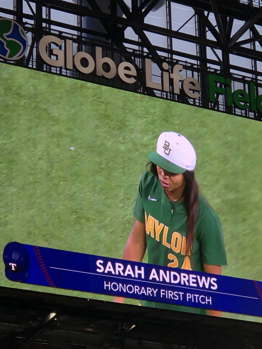 RastPam's tweet photo. Sarah Andrews just tossed out the first pitch #BaylorNight at Globe Life. Park @Baylor @BaylorProud https://t.co/TWB8YpQ483