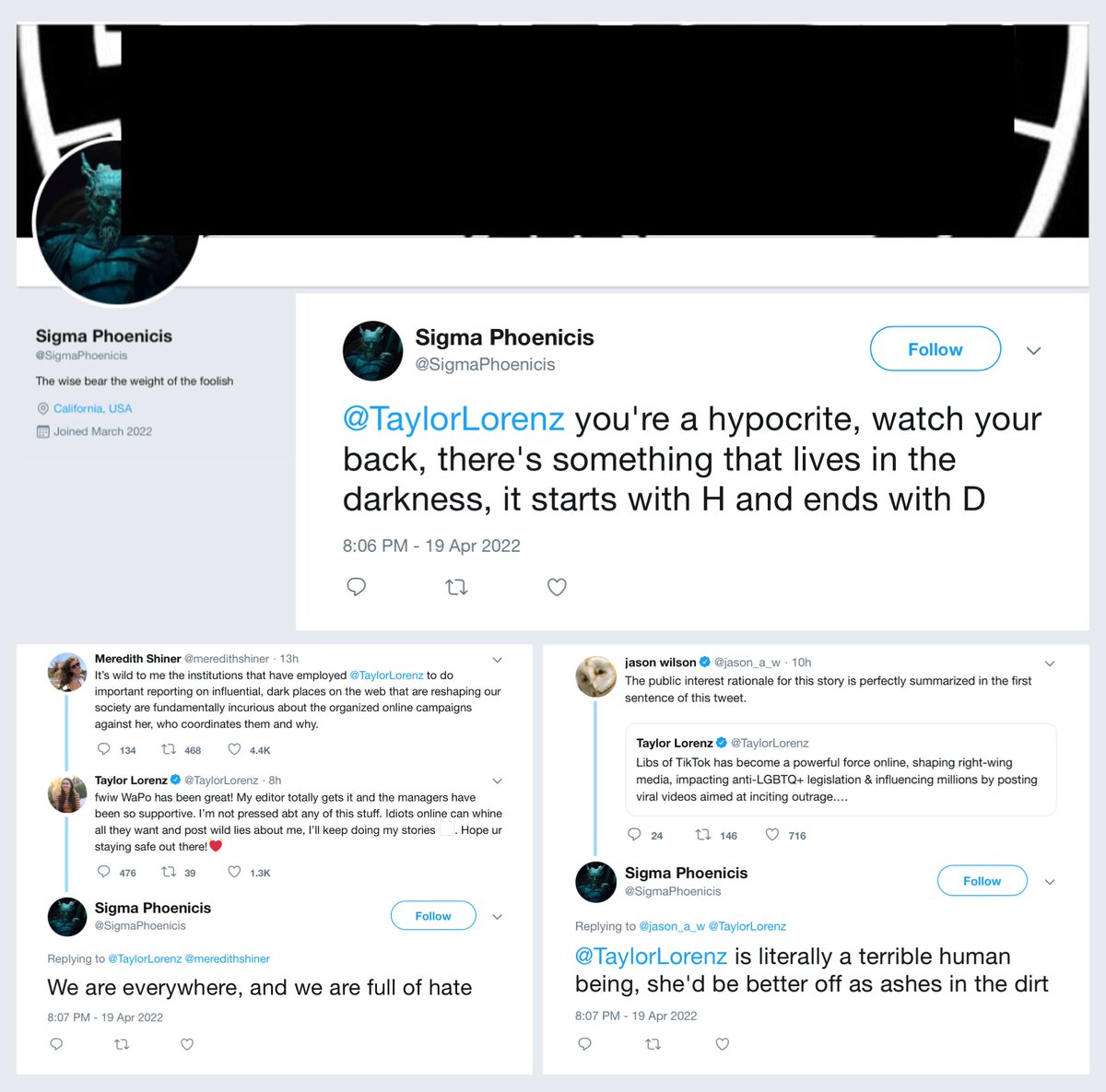 Neo-Nazi Nicholas Daniel Large, 24, of Walnut Creek, CA, has made several death threats using his current Twitter account @SigmaPhoenicis - including threats toward sitting California state Senator <a href="/Scott_Wiener/">Senator Scott Wiener</a>
 and to journalist <a href="/TaylorLorenz/">Taylor Lorenz</a>.

Archived: web.archive.org/web/2022061623…