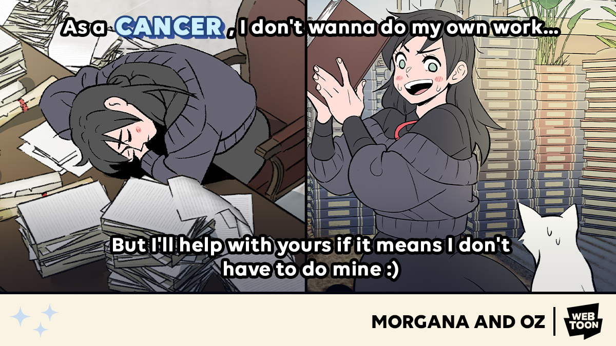 webtoonofficial's tweet photo. You know you're a ✨Cancer ✨ when... You read these #WEBTOON series 👀♋

Which series do you love as a #Cancer, and which is a brand new discovery?

#MyGiantNerdBoyfriend #MorganaAndOz #TwilightPoem #TimeAndTimeAgain #Zodiac https://t.co/vRxfWEMlhp