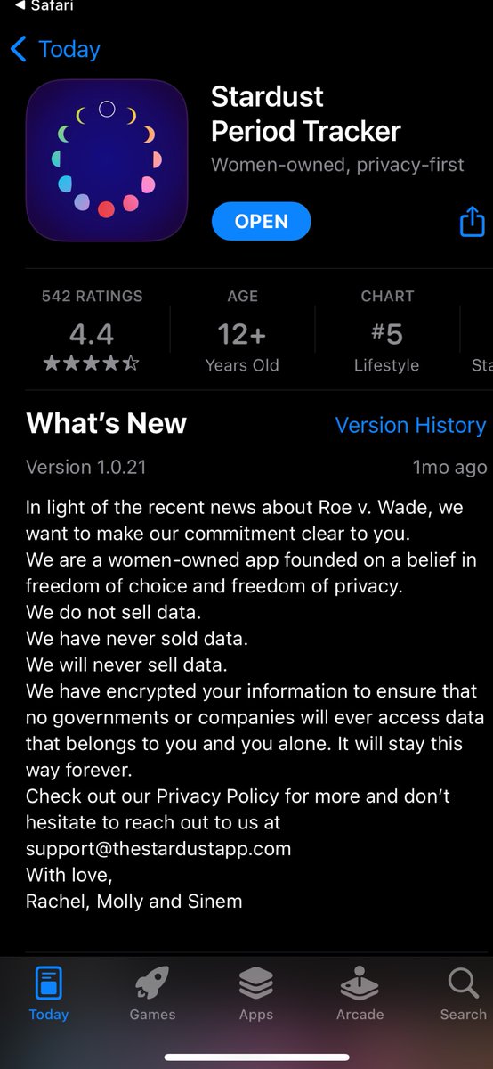 yflizzzyy's tweet photo. In light of recent news, if ur deleting ur period tracking app I recommend using Stardust, it’s women owned and private w no data being sold and completely free !!! https://t.co/r4lCptD0EM