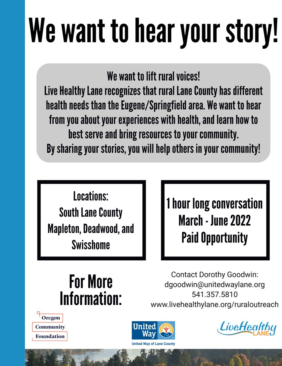 LiveHealthyLane's tweet photo. Live Healthy Lane is working to lift rural voices! If you live in South Lane or the Siuslaw Upriver area, we want to hear about your experiences with health to better inform how we work with your community.
contact Dorothy Goodwin for more information – dgoodwin@unitedwaylane.org https://t.co/5ioYgiOyA8