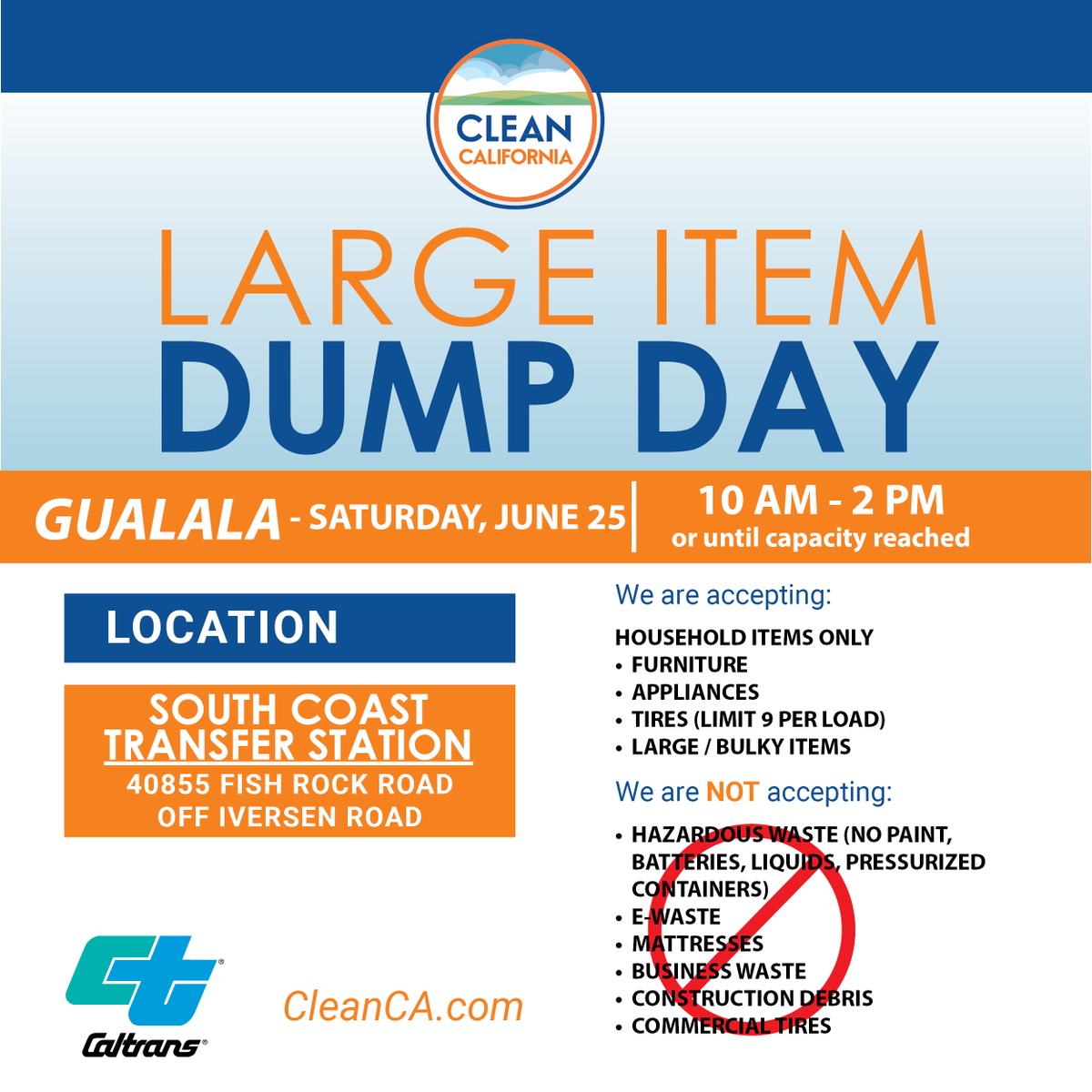 CaltransDist1's tweet photo. π― It is time. Bring your bulky items to the #CleanCA #DumpDay in Gualala today!
Visit https://t.co/wUEQWUUa5n for more info about the program and how it's working in your community.
#CleanHighways #CleanWater @countymendocino #SWOWServices @CaltransHQ @CAgovernor https://t.co/ILvSJjPoNb