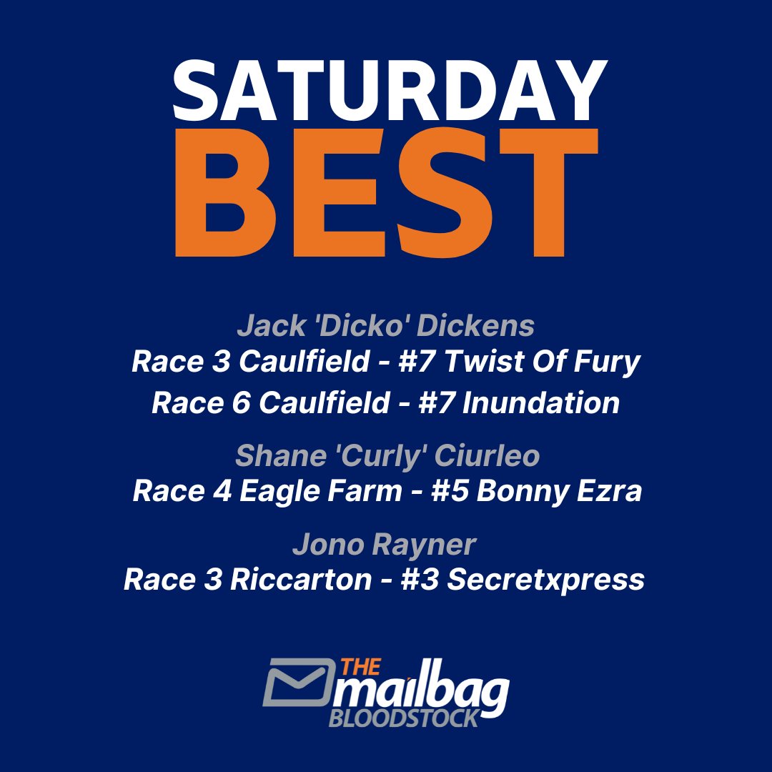 TMBBloodstock's tweet photo. #SaturdayBest from the @TMBBloodstock team πͺ
β
@dickosmailbag #Caulfield
β
@ToowoombaTips #EagleFarm
β
@RaynerJono #Riccarton
Good luck if you're having a bet today! π https://t.co/Am4DBjOgsR