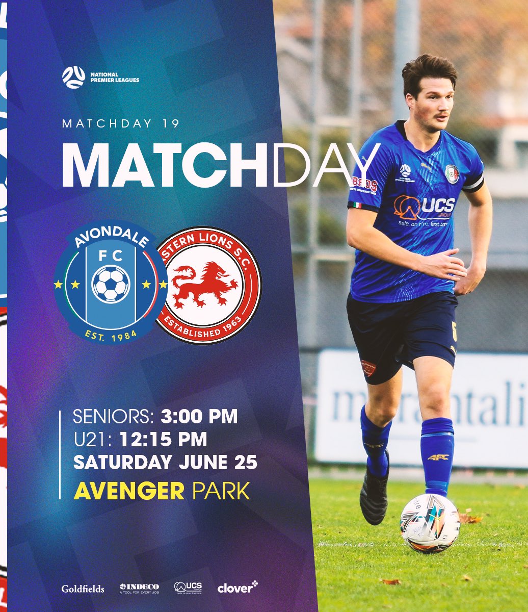 AvondaleFC84's tweet photo. NPL Matchday 19! 
What a day for Football 🌞
Get down to Avenger Park. 💪

🆚 @EasternLionsSC 
⏰ U21 - 12:15 pm
🍽 Presidents Lunch - 12:30 pm
🕒 Seniors - 3:00 pm

#LaFamiglia22 #matchday #npl #football #explore #match #nplvic https://t.co/WP6U56IjJa