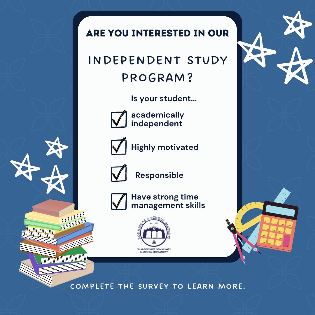 RanchoSG_ES's tweet photo. Is your student academically independent, motivated, and have strong time management skills? Our Independent Study Program may be the right for your student. Please fill out our survey to find out more, https://t.co/WmHSWH3My4
#RanchoSGES #EdChat #IndependentStudyProgram https://t.co/T0MtqPCuEC