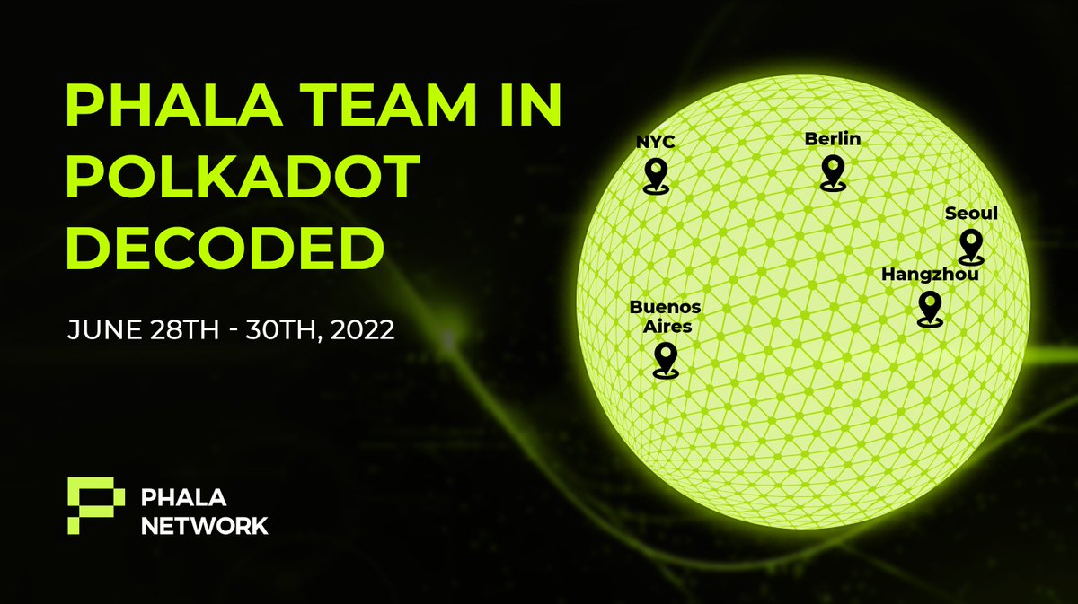 PhalaNetwork's tweet photo. Meetups, tech talks, parties etc...welcome to join Phala at #PolkadotDecoded 2022!

We will be present in 5 different cities around the globe including New York, Seoul, Hangzhou, and Buenos Aires. Sign up now and join us for the ride 🔥🔥

Details:https://t.co/JI2UMFRbZq https://t.co/SsJlgT6R4T