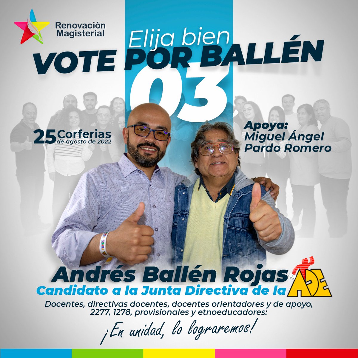 A la Junta Directiva de <a href="/adebogota/">ADE 🇵🇸</a>, elija bien: Vote por BALLEN invita:Pardo Miguel
<a href="/andresballenro/">Andrés Ballén Rojas</a>
<a href="/HeidyQuijano1/">Heidy Quijano</a>
<a href="/jairoc901/">Jairo Castro</a>
<a href="/rinconDapolonia/">ApoloniaLaPola</a>
<a href="/KarenBernalB/">Karen Bernal</a>
<a href="/miguep_fecode/">Miguel Ángel Pardo Romero</a>
<a href="/yojoseangel1/">josé Angel Beltrán C</a>
<a href="/arcastillog/">Armando Castillo G</a>
<a href="/SaraHelenaMrqu2/">Sara Helena Márquez</a>
<a href="/PuentesGWilliam/">William  Puentes</a>
<a href="/fabioariascut/">Fabio Arias Giraldo</a> 
<a href="/RenovacionMag/">RenovacionMag</a>
<a href="/EncuentrosPedag/">EncuentrosPedagógico</a>