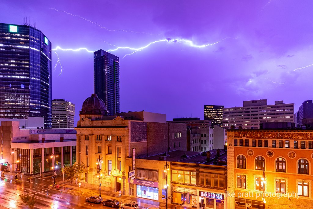 MikePrattPhotos's tweet photo. Stayed up for the pretty decent lightning over downtown last night. Happier with the results this time around than my previous attempt last year. #Winnipeg #mbstorm https://t.co/OroulAfcu8