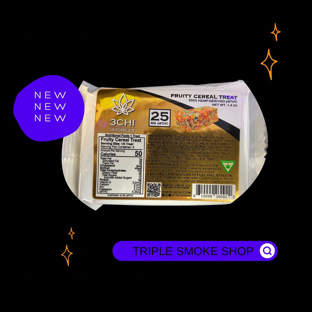 smoke_triple's tweet photo. New Product: Delta 9 Fruity Cereal Treats. Now available at Triple Smoke Shop 💨 Get yours today, they are going quick. 😋 https://t.co/F9dk0e97Lz