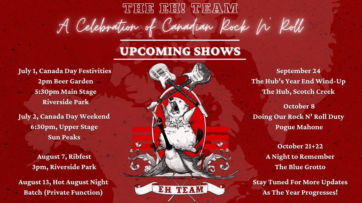 Itstheehteam's tweet photo. Updated Show Schedule for 2022!
Please stay tuned for more updates as the year progresses!
Band Website:
https://t.co/cEqyueloRg
Social media:
https://t.co/0auauPHp8x
#TheEhTeam #showschedule #upcomingshows #canadianband #canadianmusic #livemusic #kamloopsbc #kamloops https://t.co/WbT8nftRPe