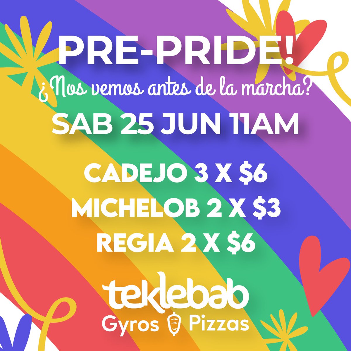 PRE • PRIDE
¿Nos vemos antes de la marcha?

De 11am hasta que anochezca, te esperamos para compartir!

#prepride #pride #aliados #teklebab #pridesv #orgullosv