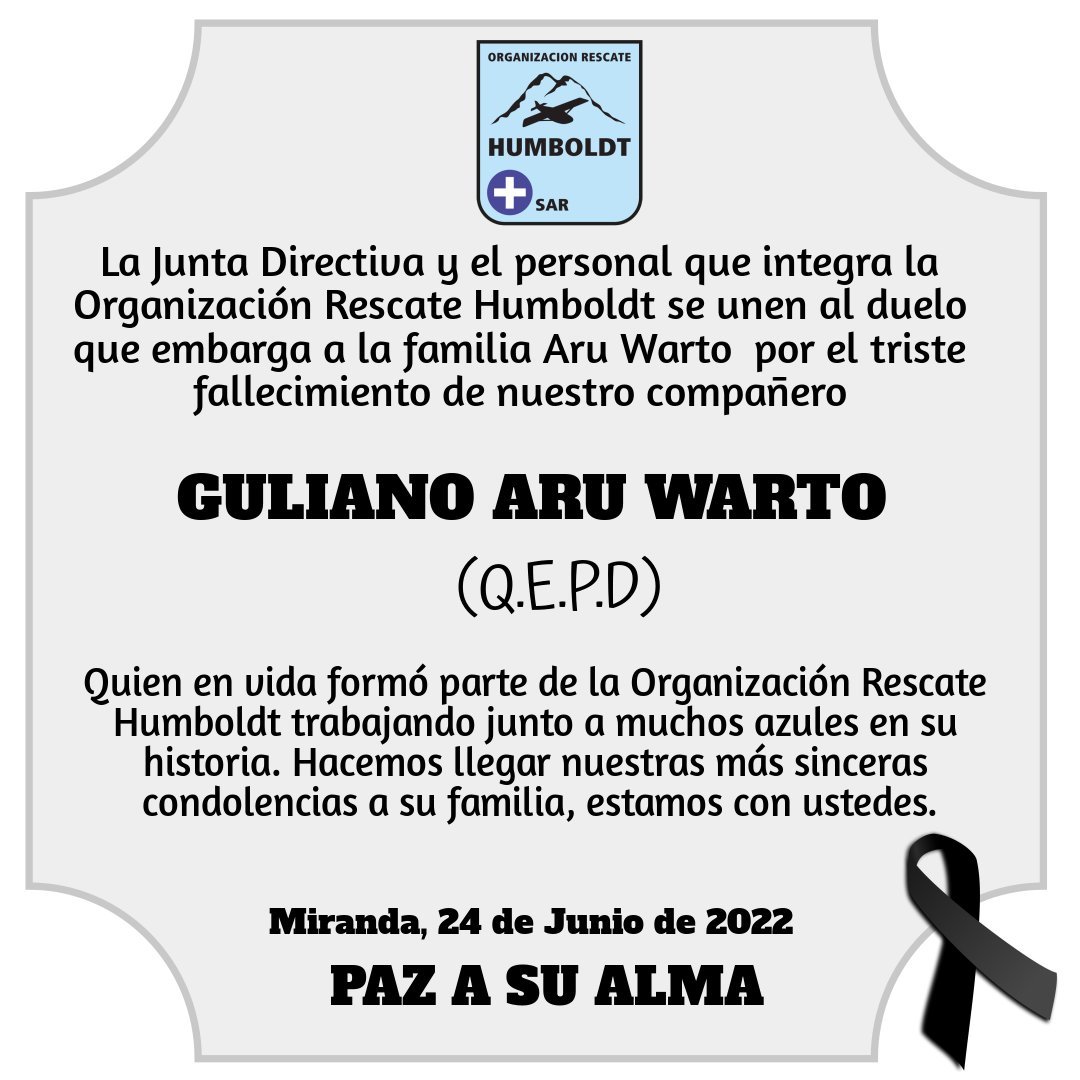 Se nos fue otro  hombre de las filas del rescate  Giuliano Aru Warto,  hombre  con un  corazón  para salvar  vidas...
Sentido pésame  a  su  familia  y  a  todos mis compañeros de la  <a href="/ORHumboldt/">Rescate Humboldt</a>
