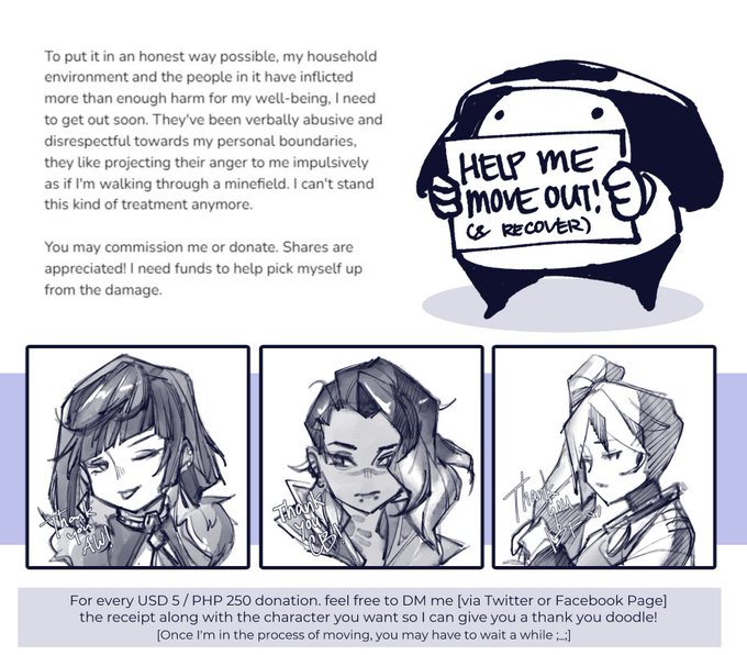 TW: family abuse [Emergency Commissions Open]

Help me move out so I can work on myself and heal ;_;

You can commission me or donate via:
https://t.co/2cCYagkxEq
or GCash: 09563501771 

full post in my FB page: https://t.co/2Y3uVfqzcv 
