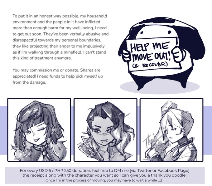 TW: family abuse [Emergency Commissions Open]

Help me move out so I can work on myself and heal ;_;

You can commission me or donate via:
https://t.co/2cCYagkxEq
or GCash: 09563501771 

full post in my FB page: https://t.co/2Y3uVfqzcv 