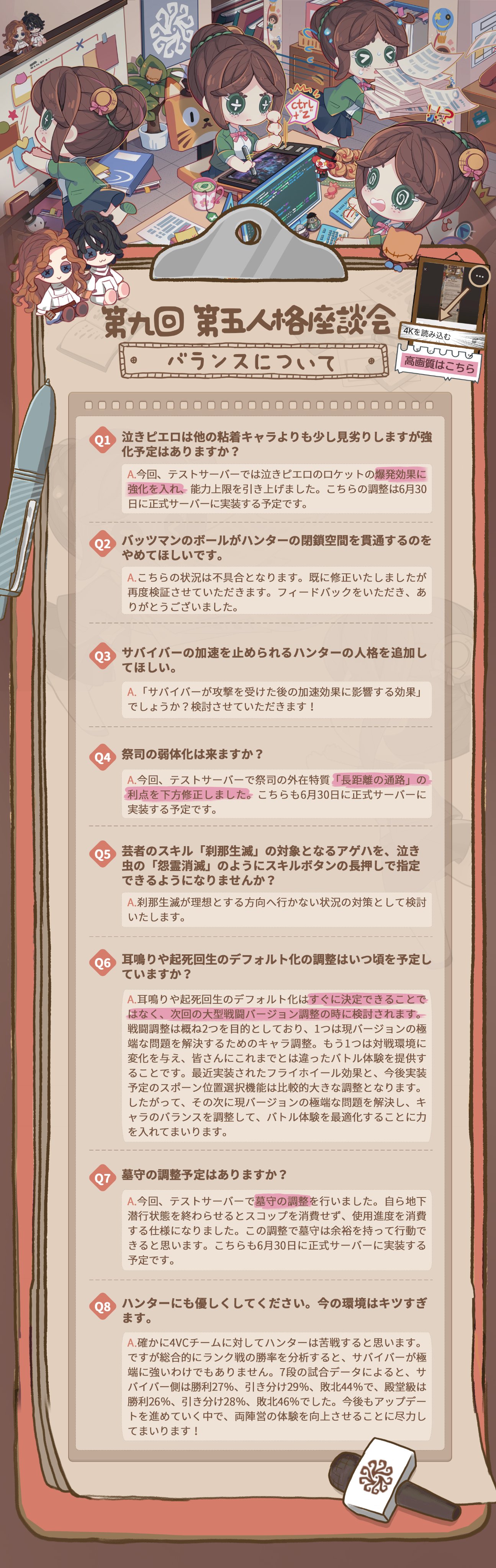公式 Identityv 第五人格 第九回 第五人格座談会 のq A 前回内容の意見に関してや バランス調整など沢山の回答が 画像が見辛い場合は 4kで読み込みを 第十回の質問も募集中 T Co Sraknxlclt 以前のq Aは公式サイトのお知らせに掲載