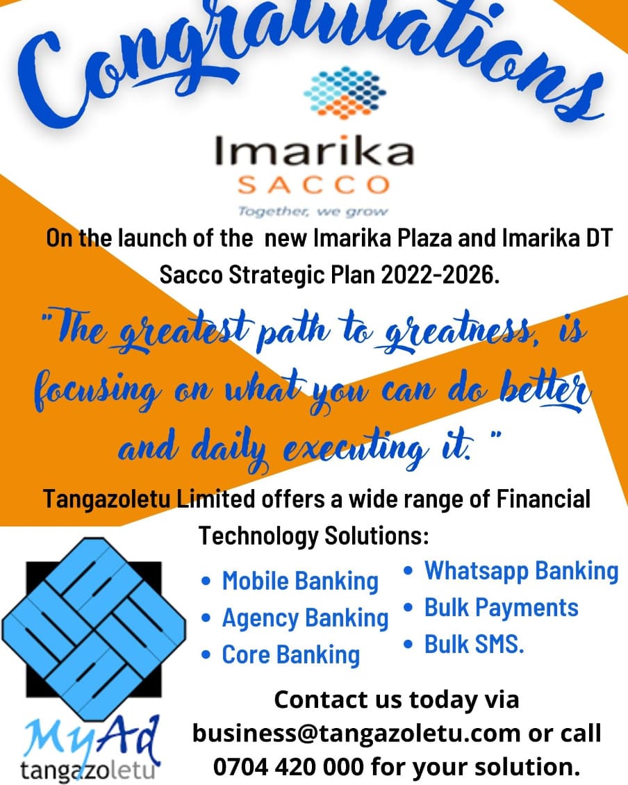 TangazoletuLtd's tweet photo. Without continual growth and progress, such words as improvement, achievement, and success have no meaning~Ben Franklin. We congratulate @ImarikaSacco on the launch of their Strategic plan and opening of the Imarika Plaza as they scale the heights! #ImarikaDTSacco #tangazoletultd https://t.co/r4O95W9Y1V