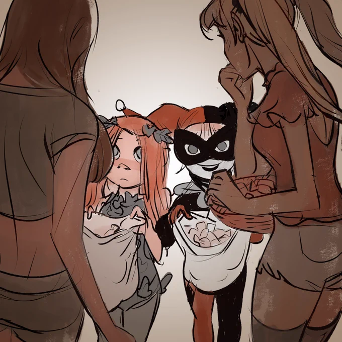 Written by @mad_for_hatters
Dressed in their "normal" people clothing, Harley and Ivy are thrilled on Halloween when they answer the door to see two little girls dressed up like them. #FanArtFriday #HarleyQuinn #PoisonIvy #dccomics 