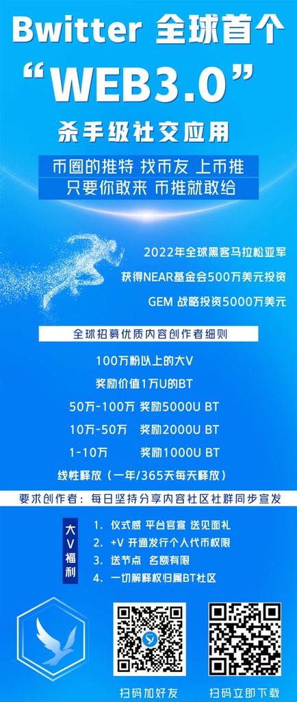 Barry566129's tweet photo. @Billions_2022_ Bwitter 全球首个“WEB3.0”杀手级社交应用
币圈的推特 找币友 上币推 
2022年全球黑客马拉松亚军  获得NEAR基金会500万美元投资 GEM 战略投资5000万美元 1000万美元现全球招募优质内容创作者、KOL、币圈大佬入驻，联系微信Bwitter123 推特@Bwitter_ 微博 Bwitter

@Bwitter_ https://t.co/6zjSO92UZi