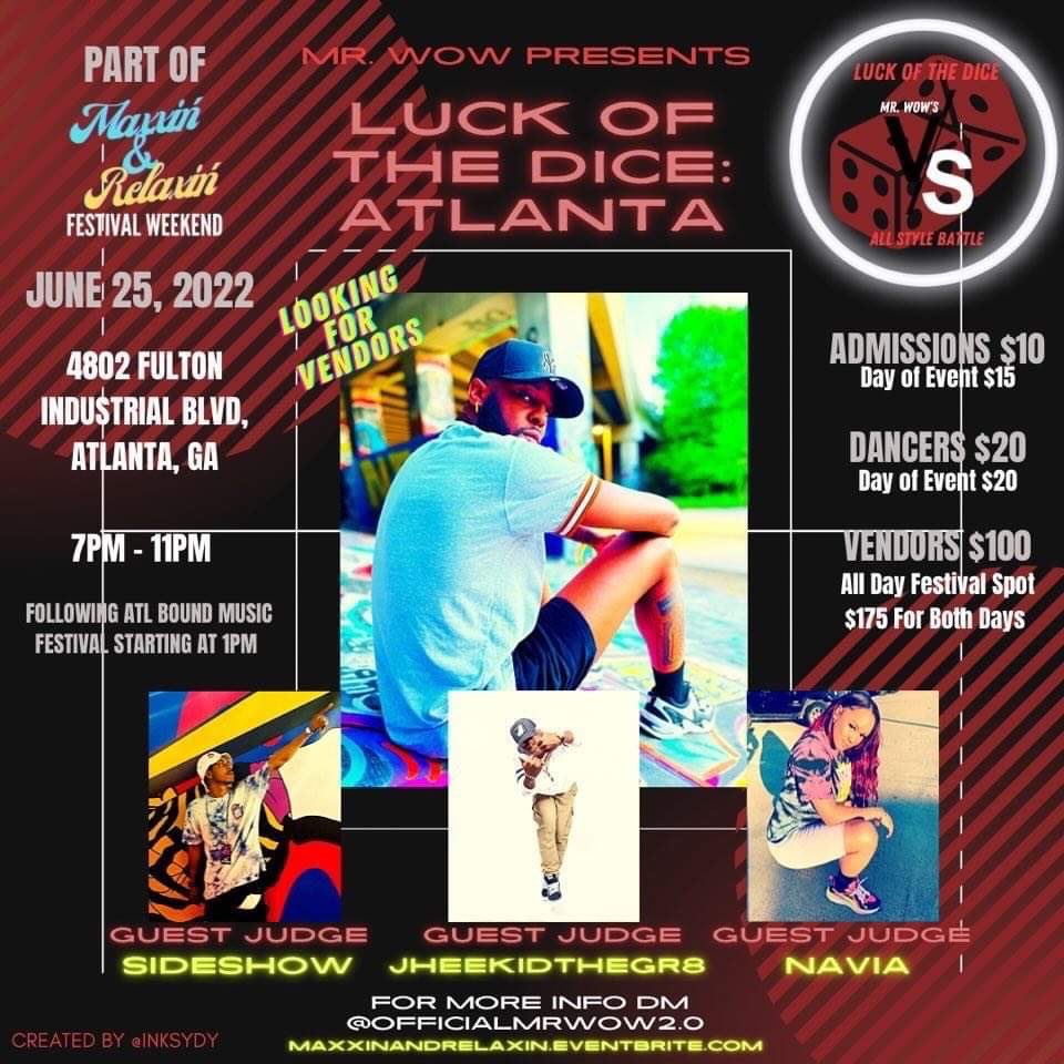 MogulMark's tweet photo. Check out “Luck of The Dice” Atlanta. Pre-sold #tickets to attend and compete at this #Atlanta #dance event can be purchased at https://t.co/RSBGnwG60Q

#Dancehall #Krump #hiphop #poppers #footwork #dancecompetions #LuckofTheDice #ThingsToDo #weekendfun #jooking #flexors #bruckup https://t.co/8YuwtW7RMe