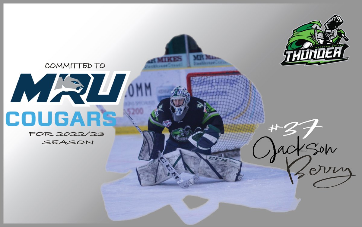 The Drayton Valley Thunder are pleased to announce that goaltender #37 Jackson Berry has committed to the Mount Royal Cougars for the 2022/23 season.

draytonvalleythunder.ca/media-centre/n…