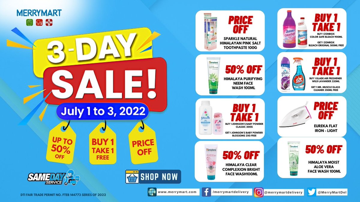 MerryMartDel's tweet photo. Don't miss the chance to get big savings from #MerryMart this coming July 1 -3! Get up to 50% off, #Buy1Take1 offers, &amp; avail of #PriceOff on your favorite household essentials only from https://t.co/PWdwevWN7V!
#MerryMart #grocerydelivery #grocerydeliveryph #3daysale https://t.co/UGFws0w6Sh