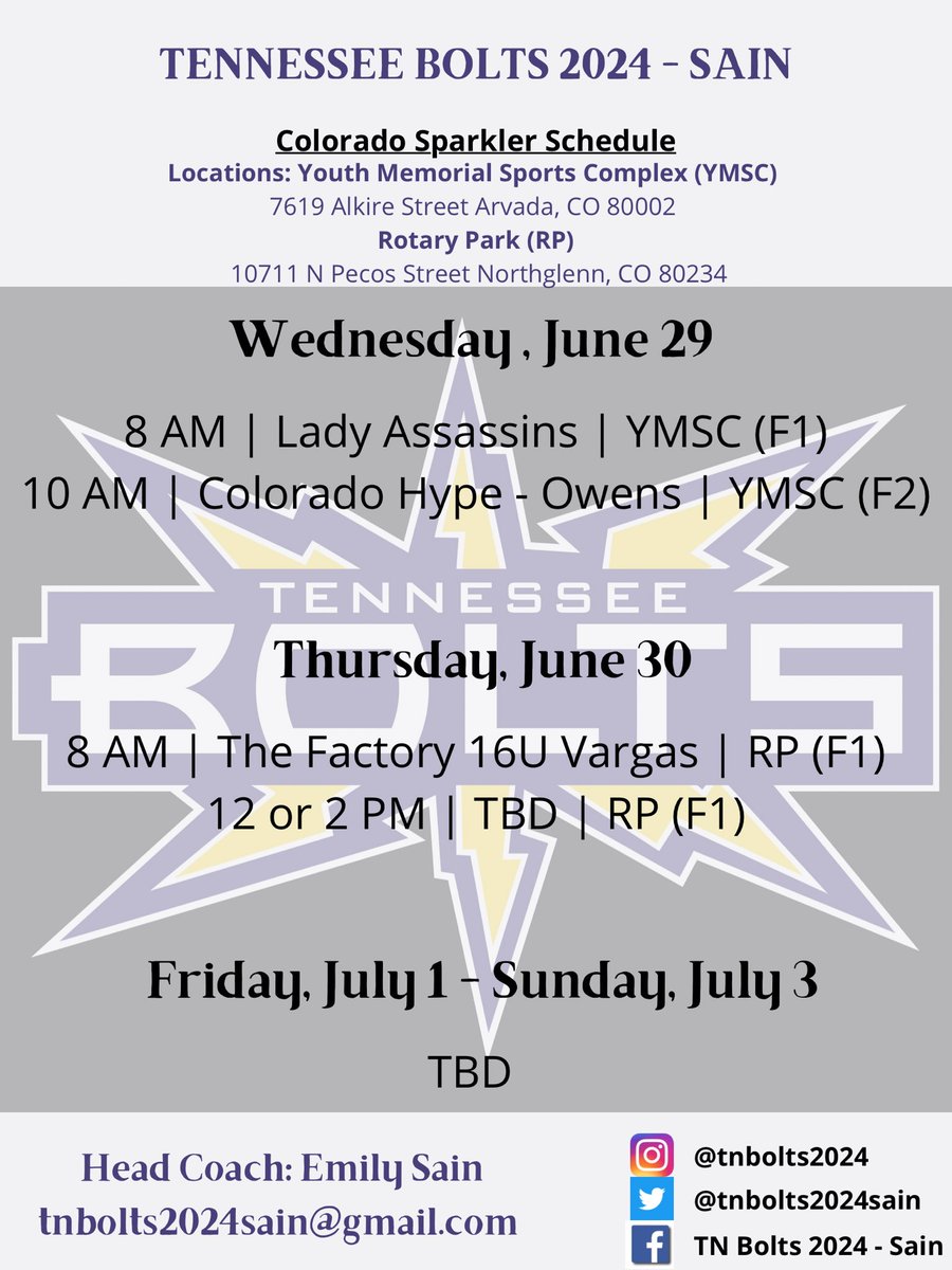 Coaches, be sure to come check out our athletes while we are in Colorado! Our schedule for Wednesday &amp; Thursday can be found below ⬇️ 
#BoltsBoom⚡️