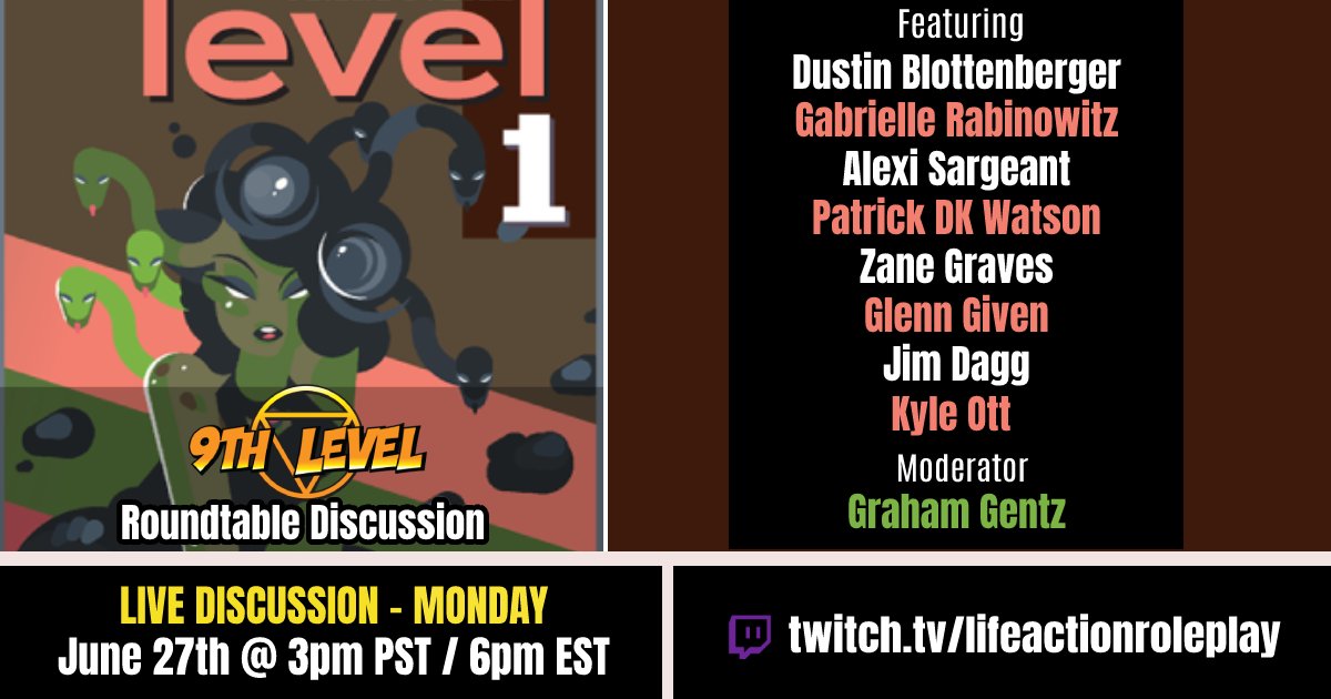 GabrielleRab's tweet photo. Join me and other designers from the Level 1 indie TTRPG anthology by @9thLevelGames on Monday June 27 at 6 PM ET on the #lifeactionroleplay stream to discuss this exciting project. And don't forget to pick up your own copy of the anthology for FREE as part of #FreeRPGDay2022 https://t.co/GTbz0WbRtV
