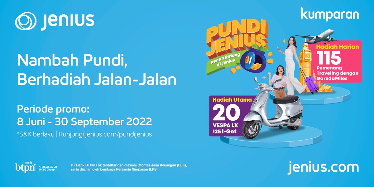 kumparan's tweet photo. Kalau dapat 60.000 GarudaMiles, kamu mau pakai buat jalan-jalan ke mana? Yuk, share jawaban kamu dengan mention @jeniusconnect🙌

Tingkatkan terus saldo rata-ratamu di Jenius biar kesempatan menang #PUNDIJenius semakin besar😉Info selengkapnya, cek: https://t.co/lIoF0B3BDQ! #Ads https://t.co/Obobub9cZK