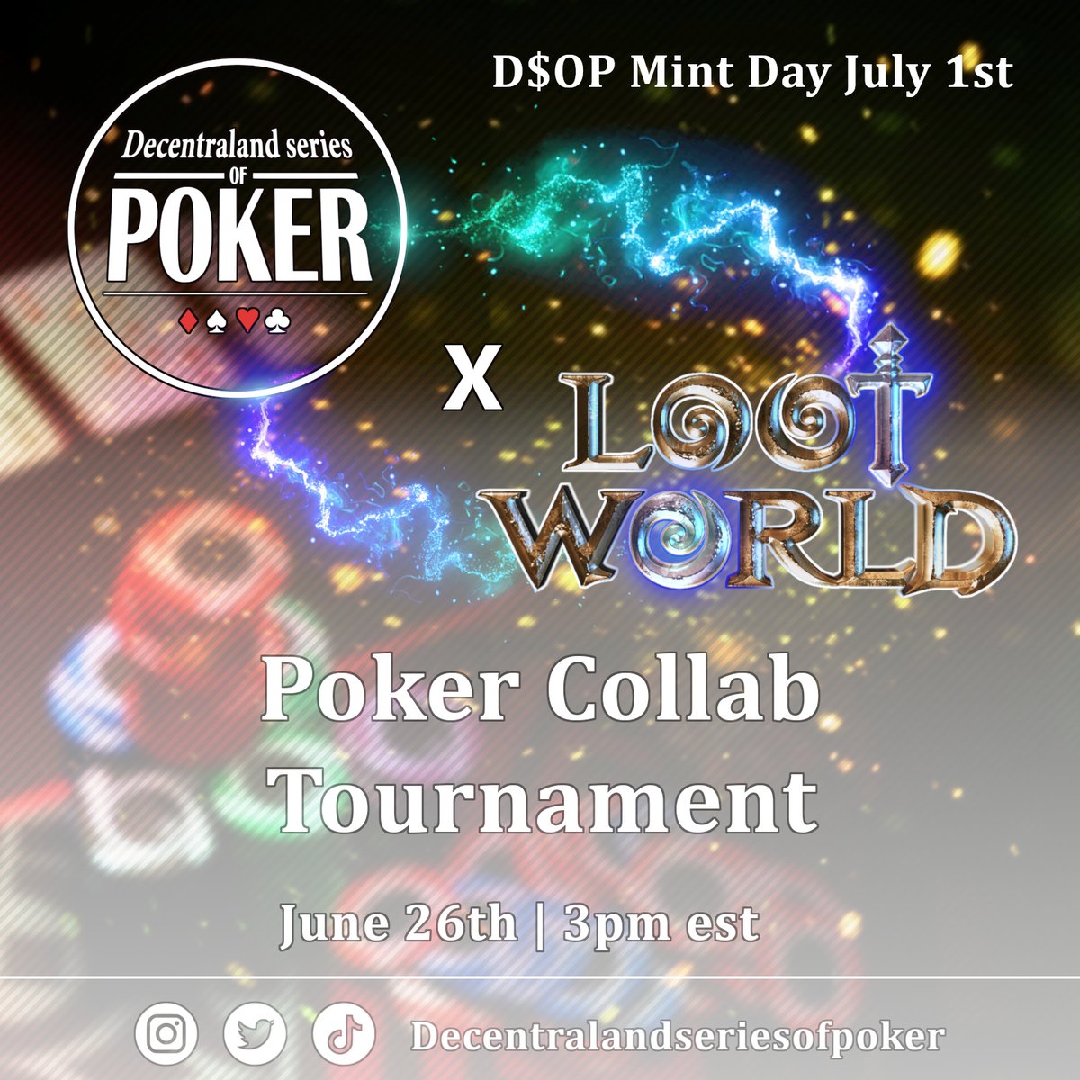 ♥️♣️D$oP Collab Poker Tournament ♠️♦️ 

<a href="/DSOP_NFT/">D$oP NFT</a>

  X  
@LootWorld_io

⏰  When: June 26th 2022 03:00 PM EST

REGISTER NOW ⤵️
play.clubgg.net/dlink/wAftzQ7B…
Club ID: 872545

Join Our Discord for More Infos ⤵️
discord.gg/seriesofpoker 

D$oP The Dealer 😎

#nft #poker #tournament