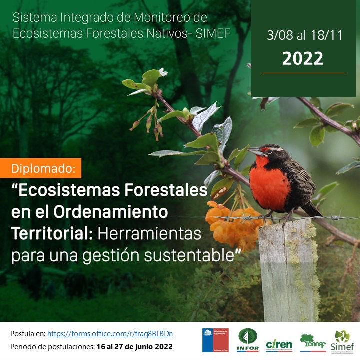 El <a href="/INFOR_Minagri/">Instituto Forestal</a> a través del <a href="/SIMEFchile/">SIMEF Chile</a> invitan a postular de la 4ta versión del Diplomado sobre Ecosistemas Forestales en el Ordenamiento Territorial.

✅ Duración: 03/09 y el 18/11 de 2022 

✅ Postulaciones hasta el 27 de junio 2022.

+ INFO 👉🏼 cutt.ly/3KQExAw