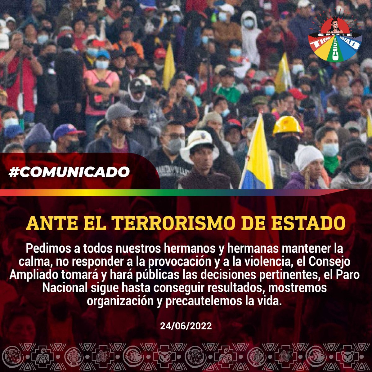 CONAIE_Ecuador's tweet photo. Comunicado 
Repudiamos la determinación guerrerista de @LassoGuillermo y @CarrilloRosero, quienes, teniendo la posibilidad de dar una salida dialogada prefieren la fuerza, el Consejo Ampliado tomará las decisiones pertinentes que, ante todo, precautelen la vida de nuestro pueblo. https://t.co/POrRFdU4Bf