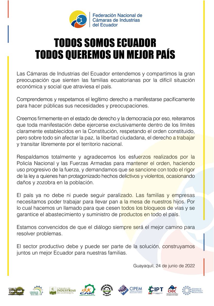 Industriasgye's tweet photo. BOLETÍN DE PRENSA: *Todos somos ECUADOR. Todos queremos UN MEJOR PAIS*🇪🇨 @jarrinf https://t.co/W6mbFHrbSi