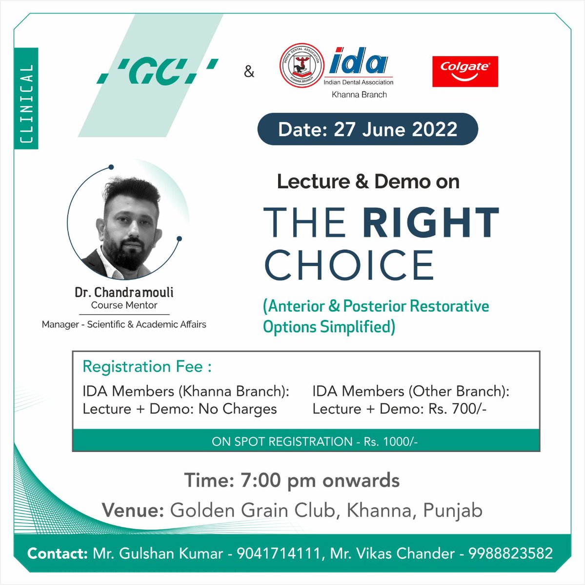 GCIndia_dental's tweet photo. YOU ARE INVITED!
GC invites you to join Lecture & Demo session on The Right Choice, Anterior & Posterior Restorative Options Simplified (simplified layering technique) by Dr. Chandramouli on 26th June 2022 at Golden Grain Club, Khanna, Punjab.
#GCIndia #GCproducts #dentistry https://t.co/rXNgdrlwEb