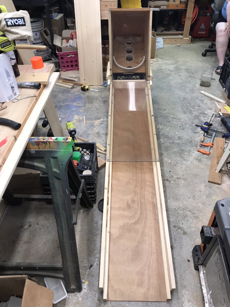CVGCSUPER's tweet photo. I’ve been working on a new mini golf hole for the last hole that collects the balls. I had several ideas but settled on a skeeball themed hole. It was a LOT of math for a woodworking project!I think it turned out great! Now time to make it black light ready! https://t.co/nOc5xxu9rZ
