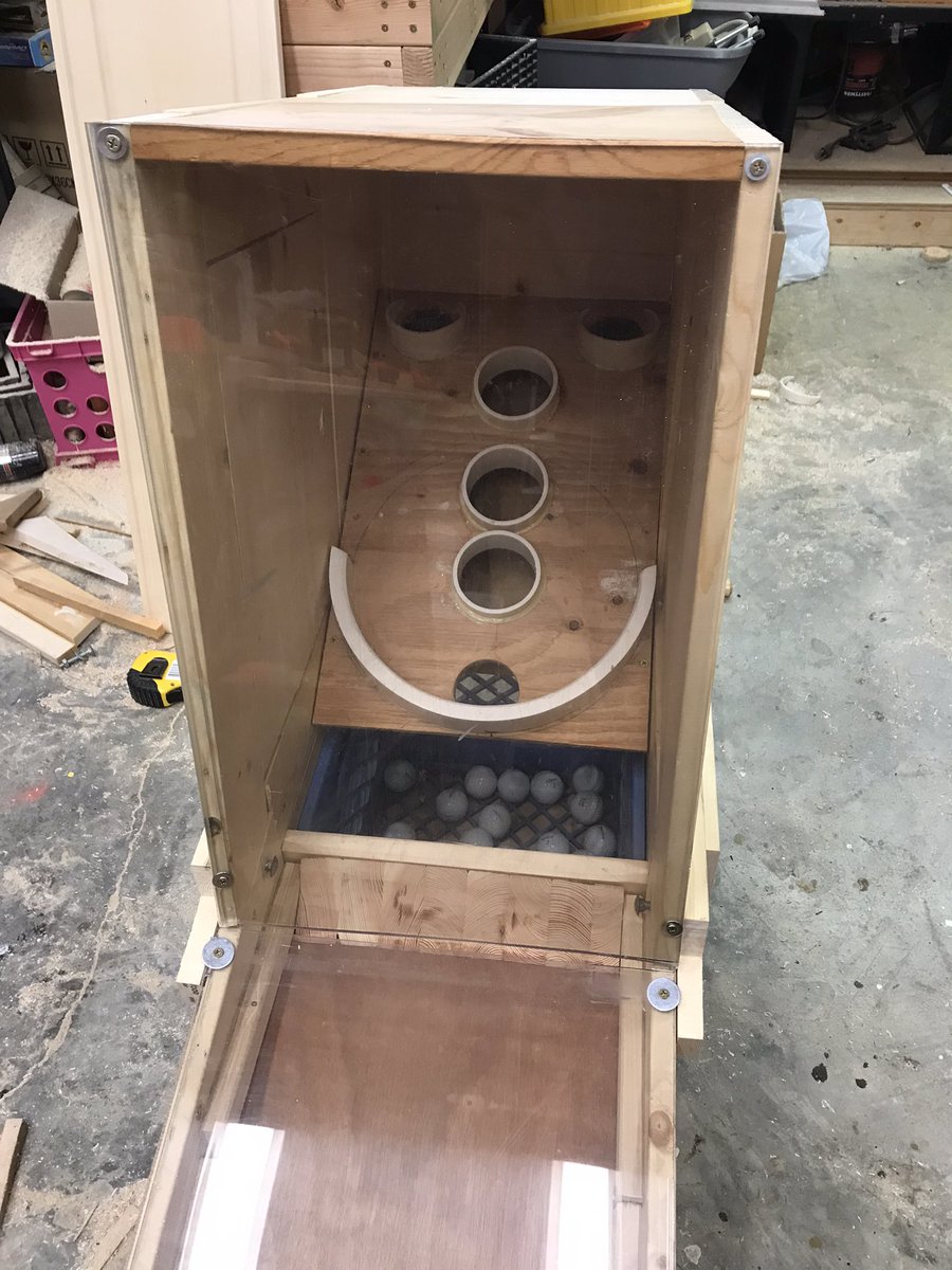 CVGCSUPER's tweet photo. I’ve been working on a new mini golf hole for the last hole that collects the balls. I had several ideas but settled on a skeeball themed hole. It was a LOT of math for a woodworking project!I think it turned out great! Now time to make it black light ready! https://t.co/nOc5xxu9rZ