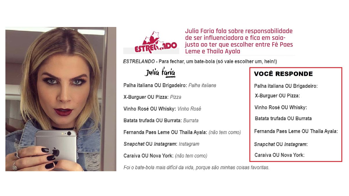 JorgeKay3's tweet photo. #JuliaFaria
TENTE VOCÊ
Julia Faria, Blogueira e atriz, está ganhando cada vez mais seguidores. Deu entrevista ao “Estrelando” e contou o segredo para se destacar na plataforma, e de seu livro "Para solteiras, com amor".
Respondeu Bate-bola difícil.
https://t.co/x6XI12YbJN https://t.co/gGp25ZwEye